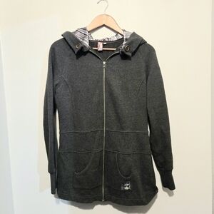 Charcoal Gray Zip-Up Hoodie With Embroidery Y2K Vintage Stripe Hood